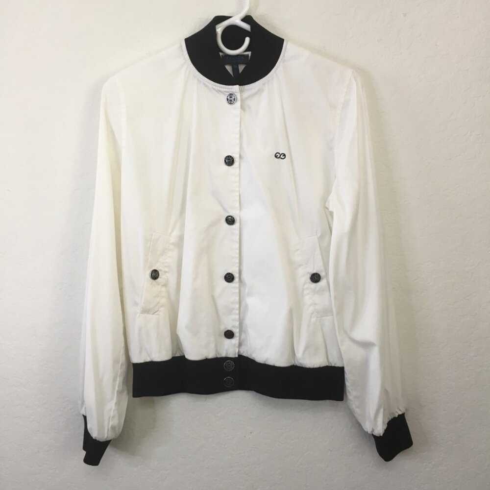 Escada Sport Bomber Jacket Womens Size 36 White Black Collar Balloon Sleeve